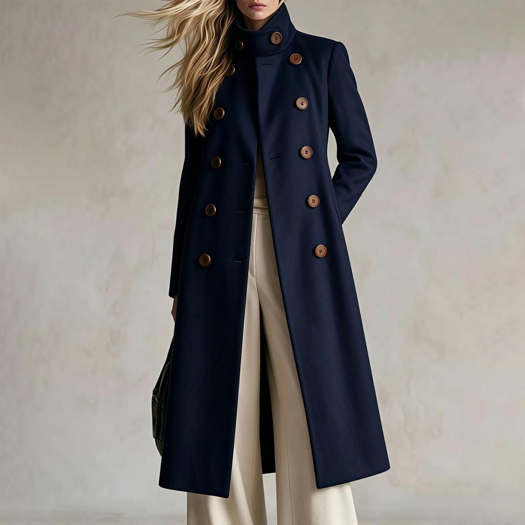 Women's Mid-Length Double-Breasted Color Wool Overcoat for Fall and Winter