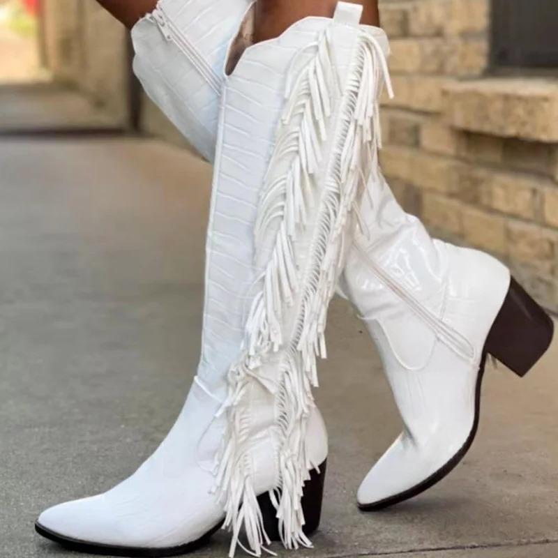 White Cowgirl Boots, White Alligator Pattern Fringed Boots, European and American Pointed Thick Heel Knight Boots, Large Size Fringed Boots, Women's