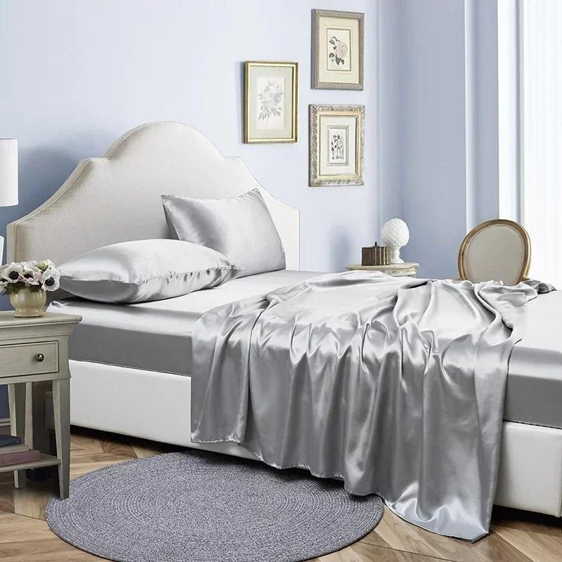 Luxury Satin Fabric Queen Size Bed Sheets Set King High Quality Fitted Sheet Flat Sheet Pillowcase Solid Bed Set Bedsheet Sets