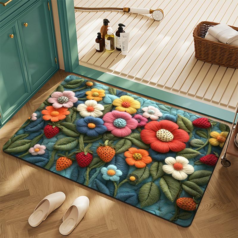 Simulated Embroidery Floral Door Mat Flannel Entrance Foyer Anti Slip and Dirt Resistant Door Mat Retro Home Decoration Rugs