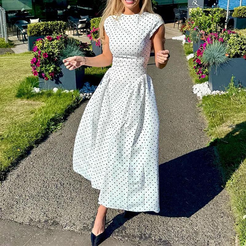 European and American Women's Clothing, New Spring Models, French Polka Dot Round Neck Waist and Thin Pendulum Dress