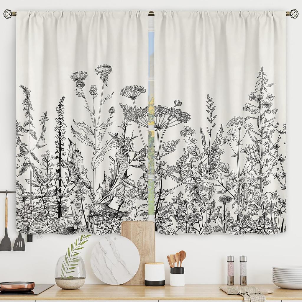 2 Vorhänge Küchengardinen Cafégardinen Grüne Blätter Pflanze Botanisch Stangendurchzug Wohnzimmer Schlafzimmer Fenster Drapierung Behandlung