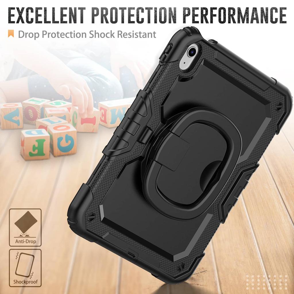 For iPad 10th 10.9 2026, Military Grade Shockproof Protective Silicone Cover 360 Folding Handle Grip + Handle Shoulder Strap