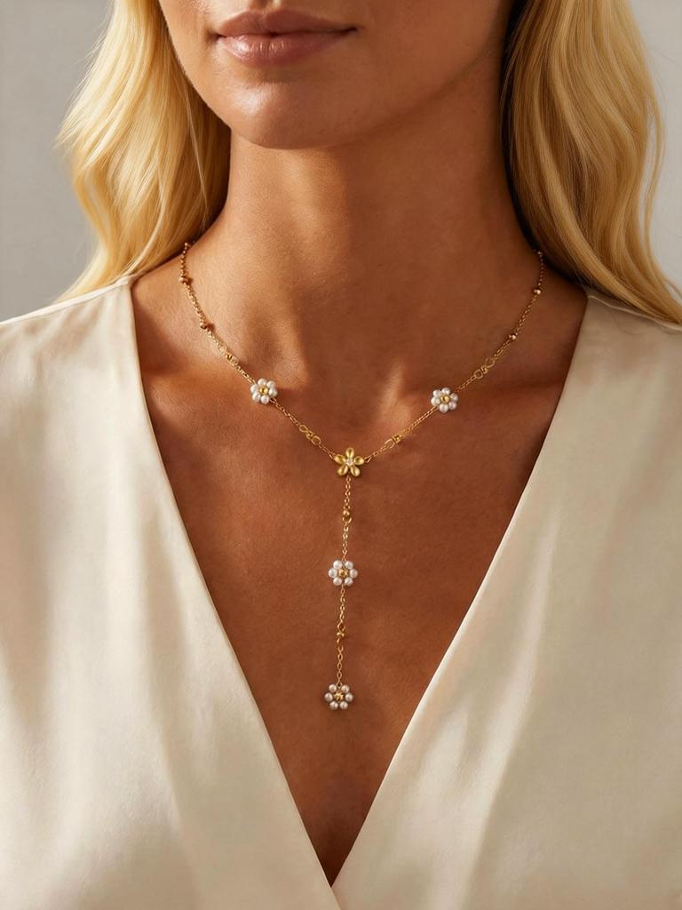 Chic Flower Y Shape Necklace for Women Stainless Steel Link Chain Y-shaped Necklaces Flower Accessories Gift