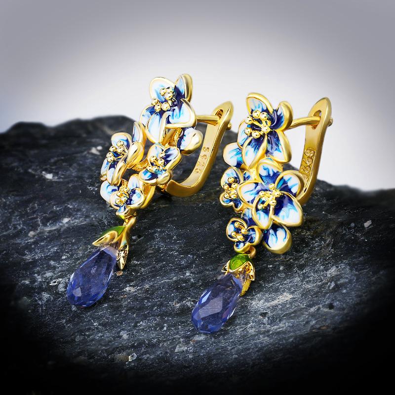 Water Drop Gem Flower Pastoral Sapphire Enamel Wedding Earrings Earrings