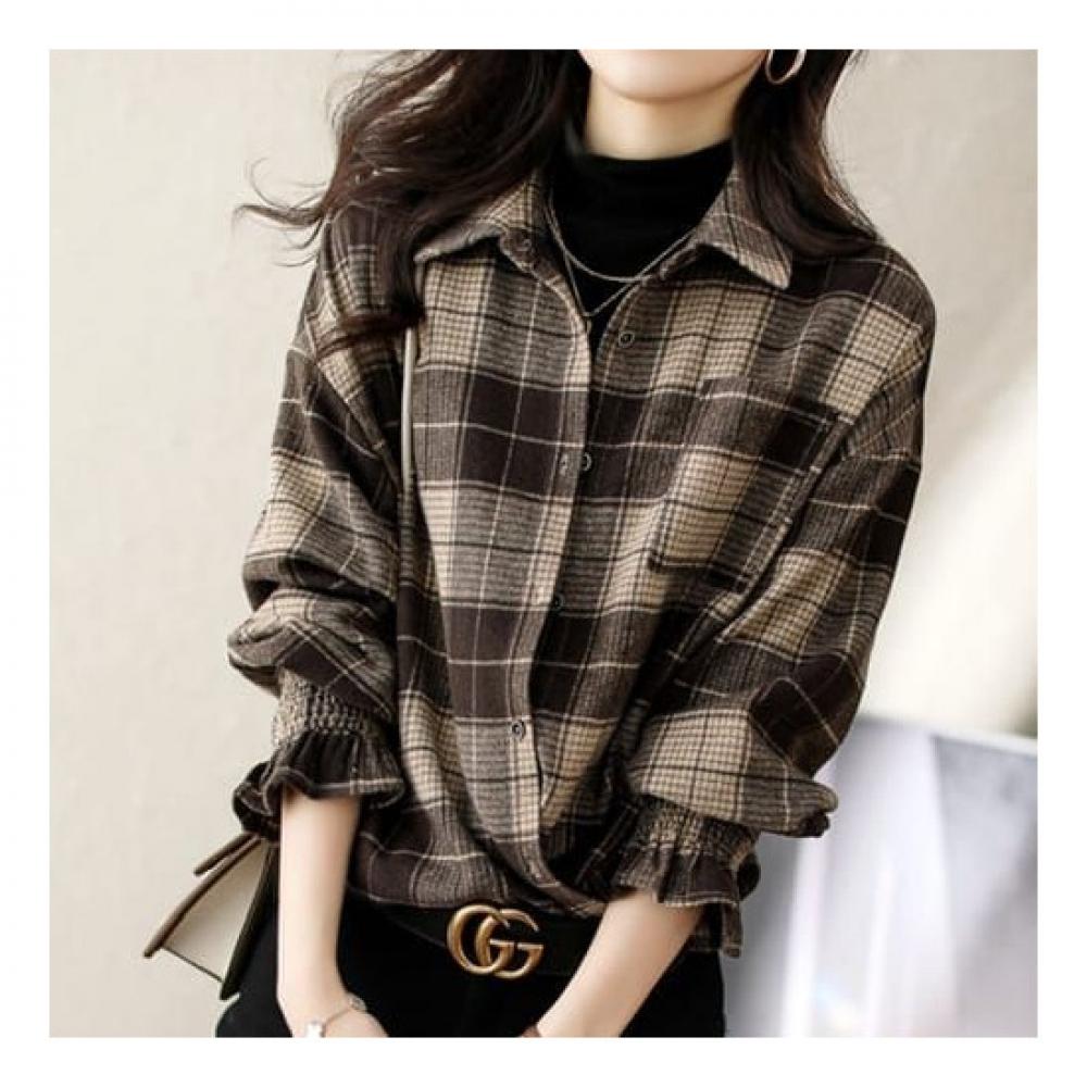 Navava Women Shirring Sleeve Long Sleeve Check Shirt Nb1760