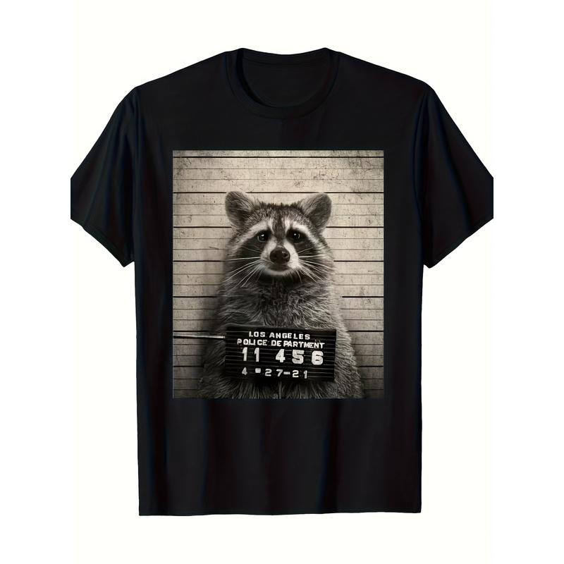 Buck Tee Men's Funny Raccoon Mugshot T-Shirt - 100% Cotton Police Dept Jail ID Photo Design with 4455 Inmate Number, Loose Fit Casual Streetwear,