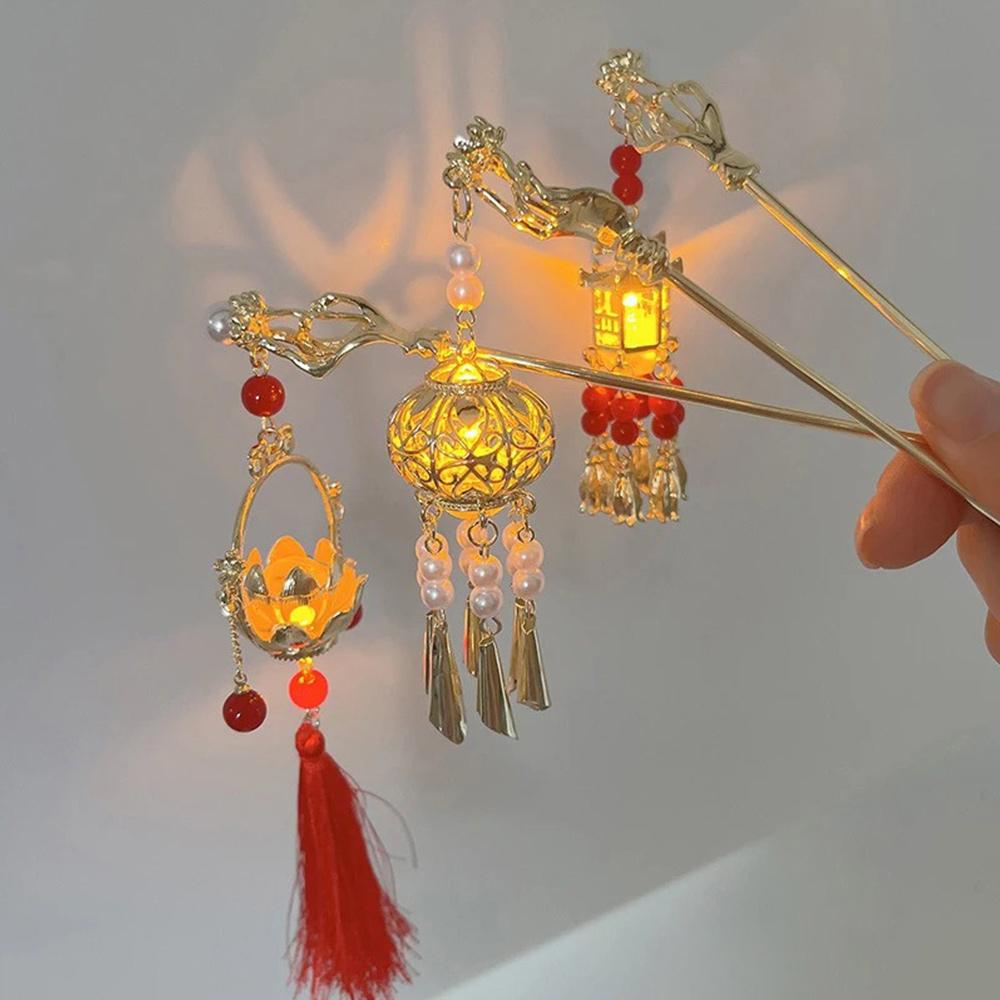Palatul chinezesc Lantern ac de păr din metal de culoare aurie bețe de păr furculițe cu bijuterii ușoare pentru femei, retro, flori de lotus, ciucuri