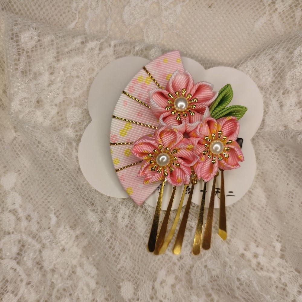 

Цветочная кисточка с веером Шпилька Сакура Японское кимоно Головные уборы Милые девушки розовый