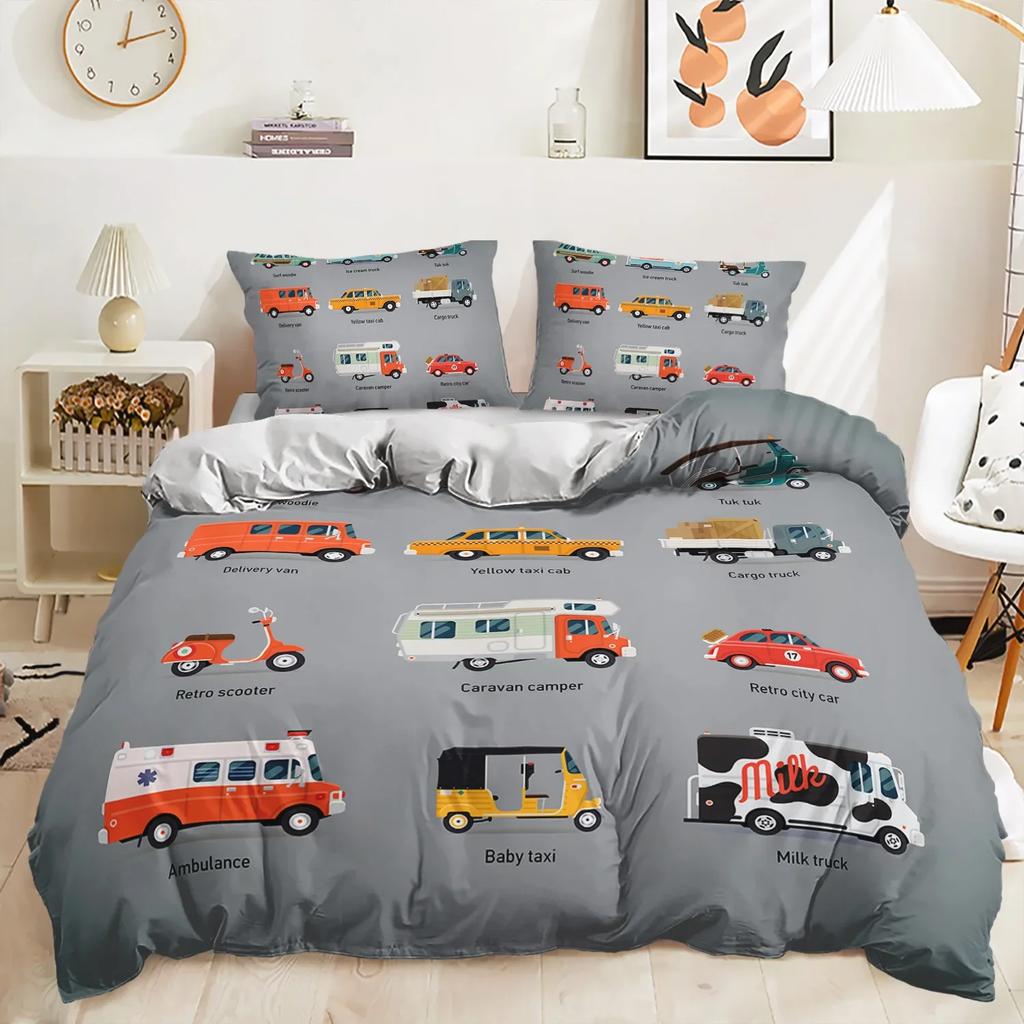 Comforter Microfiber Winter Kid Cartoon Toy Car Engineering Vehiclesbusestaxis Comforter Bedding Sets + S