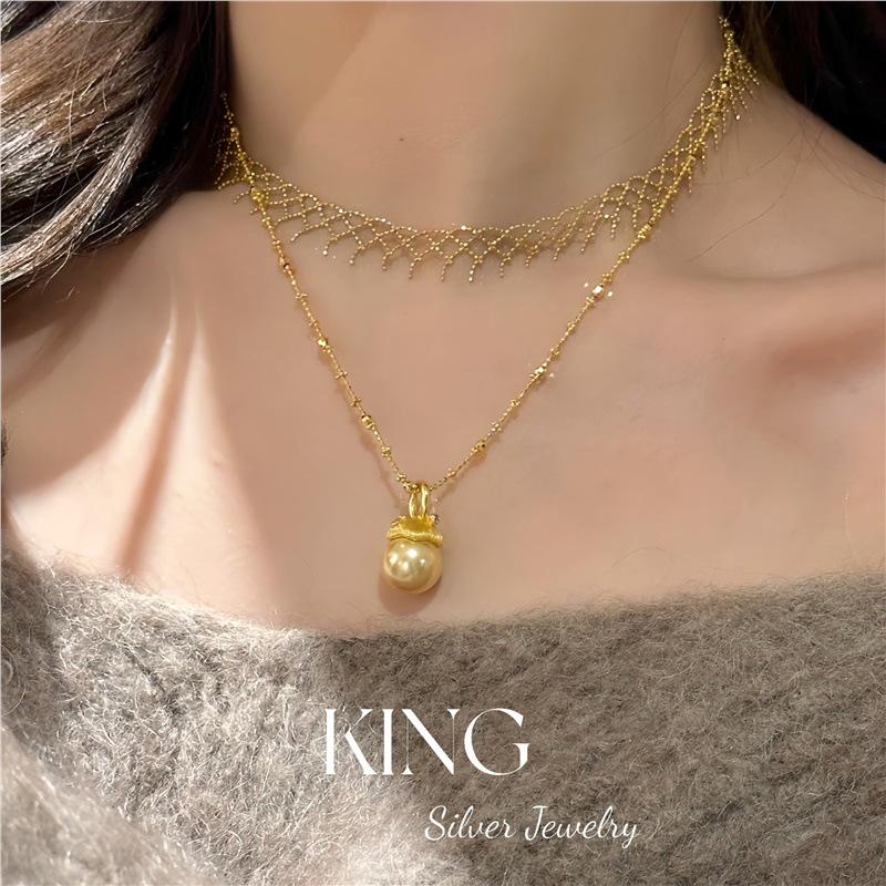 Christmas Pearl Gold Bead Necklace | 925 Silver Gold-Plated Brushed Australian Retro Fashion