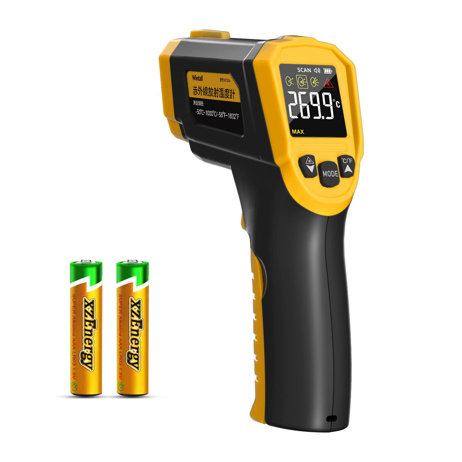 

Wintall Infrared Thermometer Temperature Gun for Laser Infrared Surface Tool for Pizza with 3 Adjustable Emissivity and Max Min Average -50℃ ~ 1000℃, жовтий