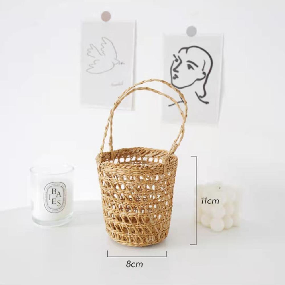 Picnic Props Straw Woven Basket with Handle Tea Cup Cover Practical Storage Basket