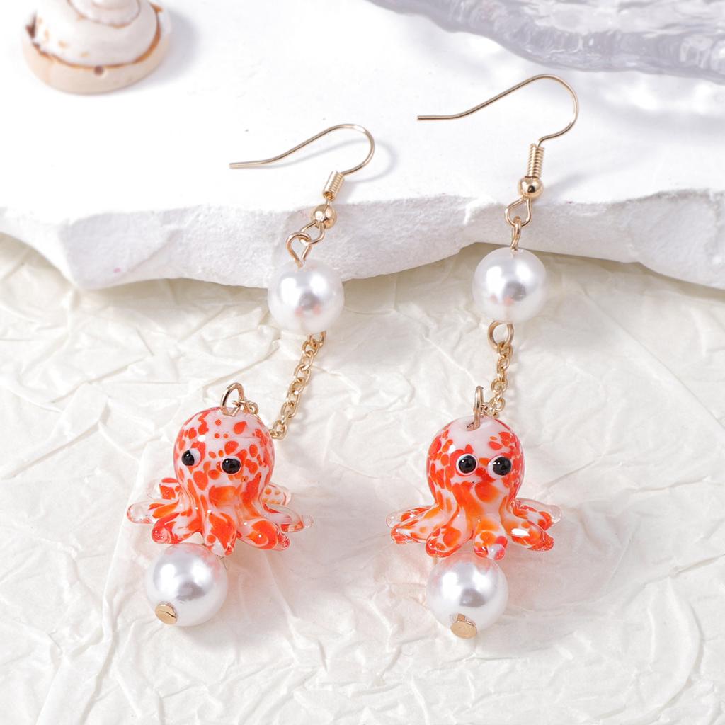 Fashion Cute Simulation Ocean Glazed Octopus Pendant Earrings Imitation Pearl Niche Ins Vacation Style Girl