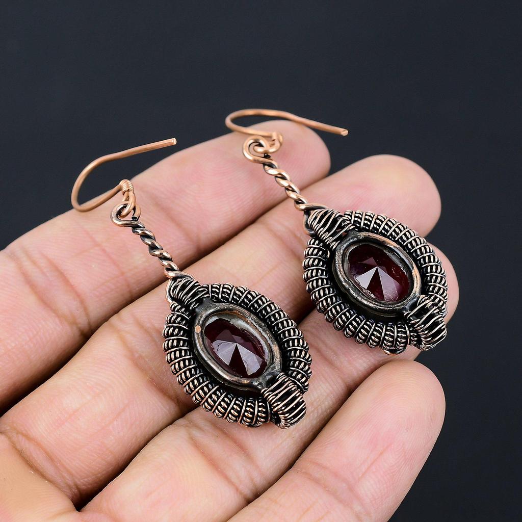 Garnet Gemstone Handmade Pure Copper Wire Wrapped Amazing Jewelry Earring