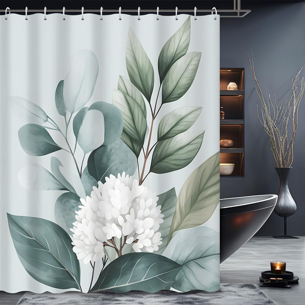 1pc Eucalyptus Leaf Greenery White Floral Shower Curtain, Printed Shower Curtain with Hooks, Polyester Fabric, Machine Washable