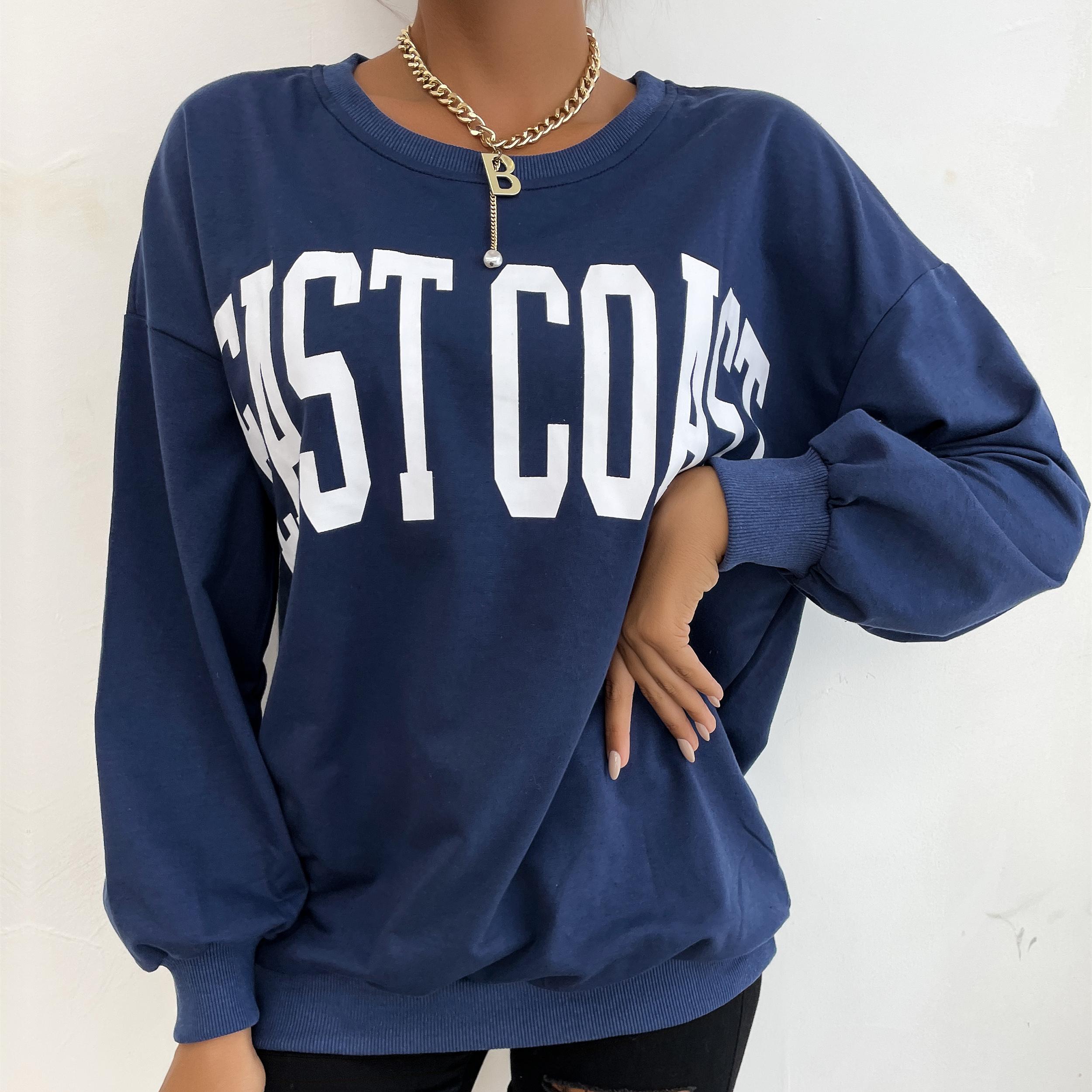 

YYFS женские модные повседневные весенне-осенние блузки и рубашки с круглым вырезом и длинными рукавами с буквенным принтом XL синий