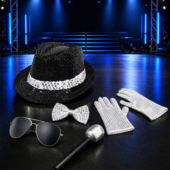 Sada kostýmu popové rockové hvězdy pro dospělé, Černý klobouk s flitry, Brýle, Rukavice, Mikrofon, Kostýmové doplňky pro hraní rolí na Cosplay party, Halloween