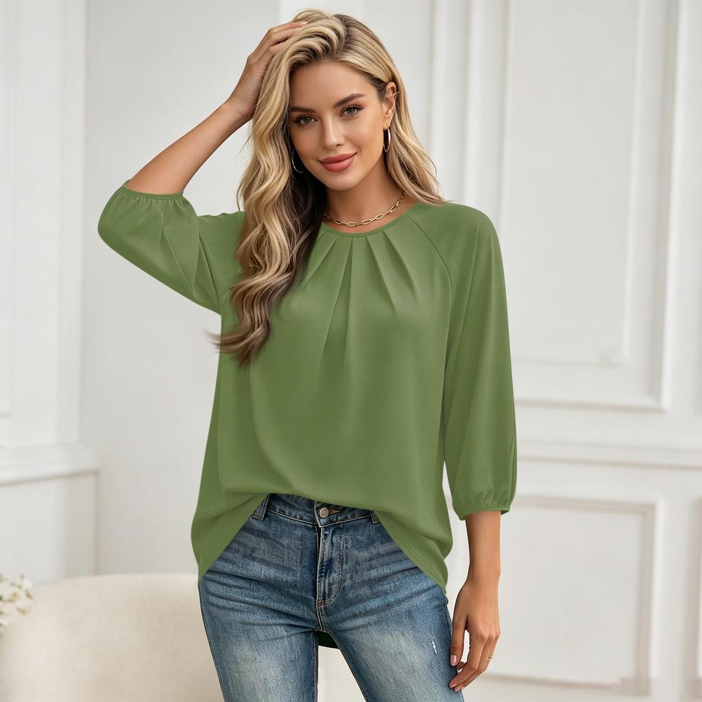 Women's 3/4 Sleeve Round Neck Pleated T-Shirt Top Lightweight Soft Fabric Comfortable Fit Casual Wear