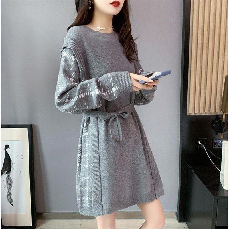 Dress for Woman Autumn Winter Cotton Plus Size Loose Casual Holiday Knitted Jumper Knee-length Long-sleeved Dresses