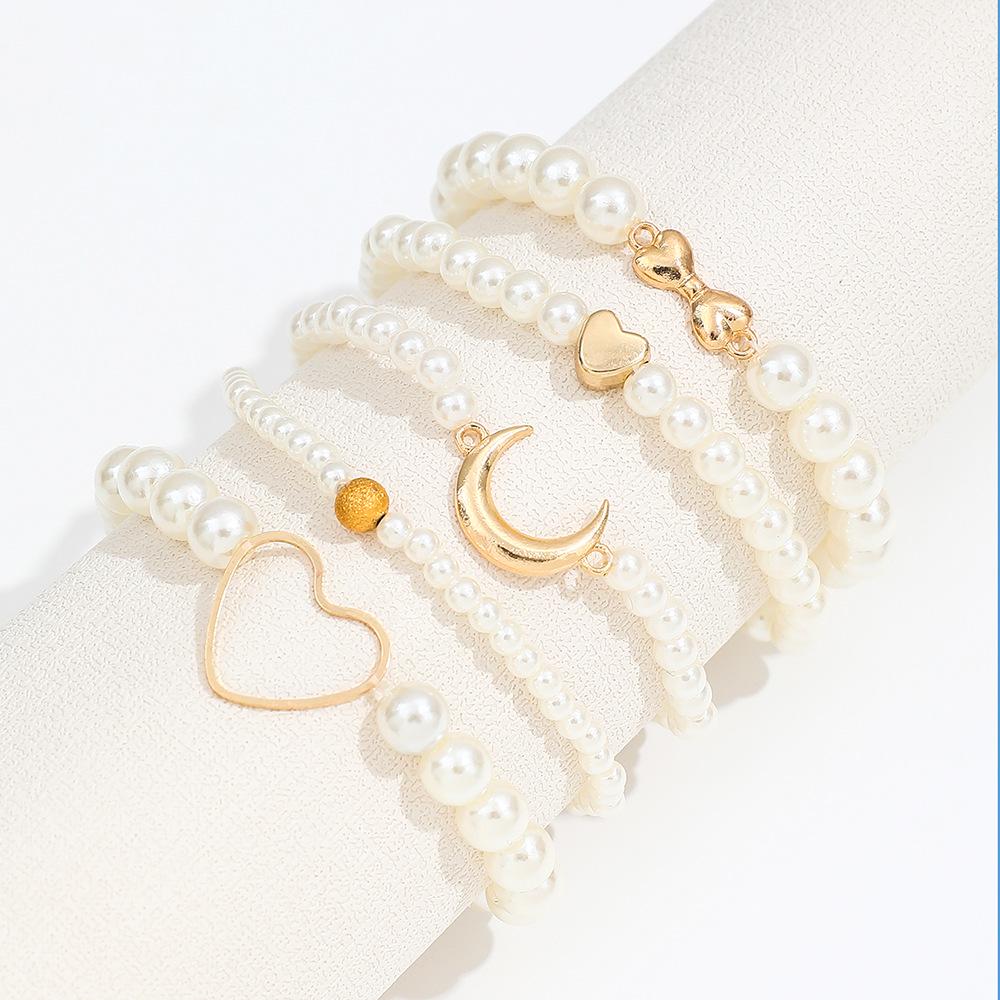 European & American Style Heart Crescent Moon Faux Pearl Layered Bracelet