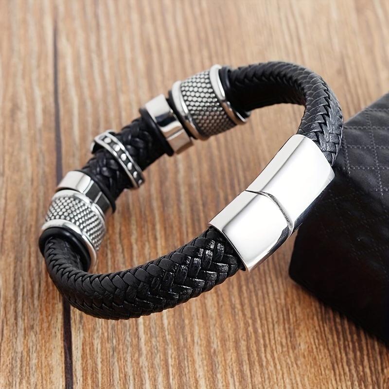 1Bohemian faux leather men's bracelet Vintage Stainless Steel Engraved Cross Holiday Bracelet Unique religious faith bracelet Fashion Jewelry