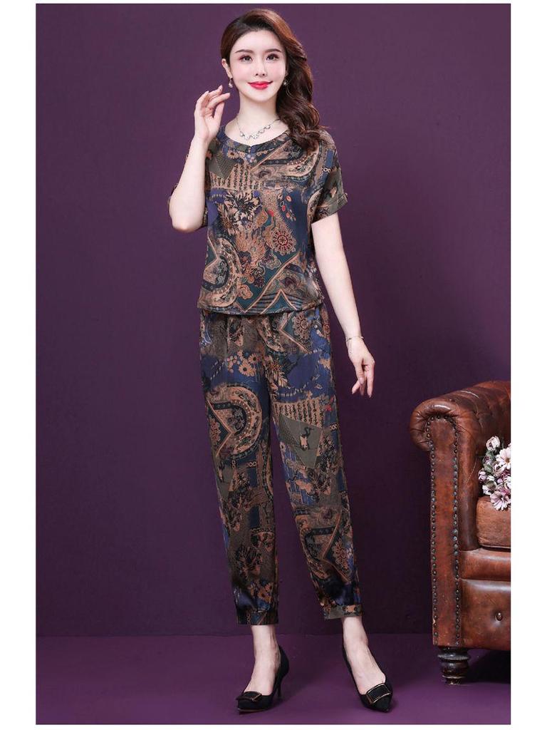 2025 Summer Plus Size Loose Print Short Sleeve T-shirt & Slimming Long Pants Set for Middle-Aged and Elderly Moms