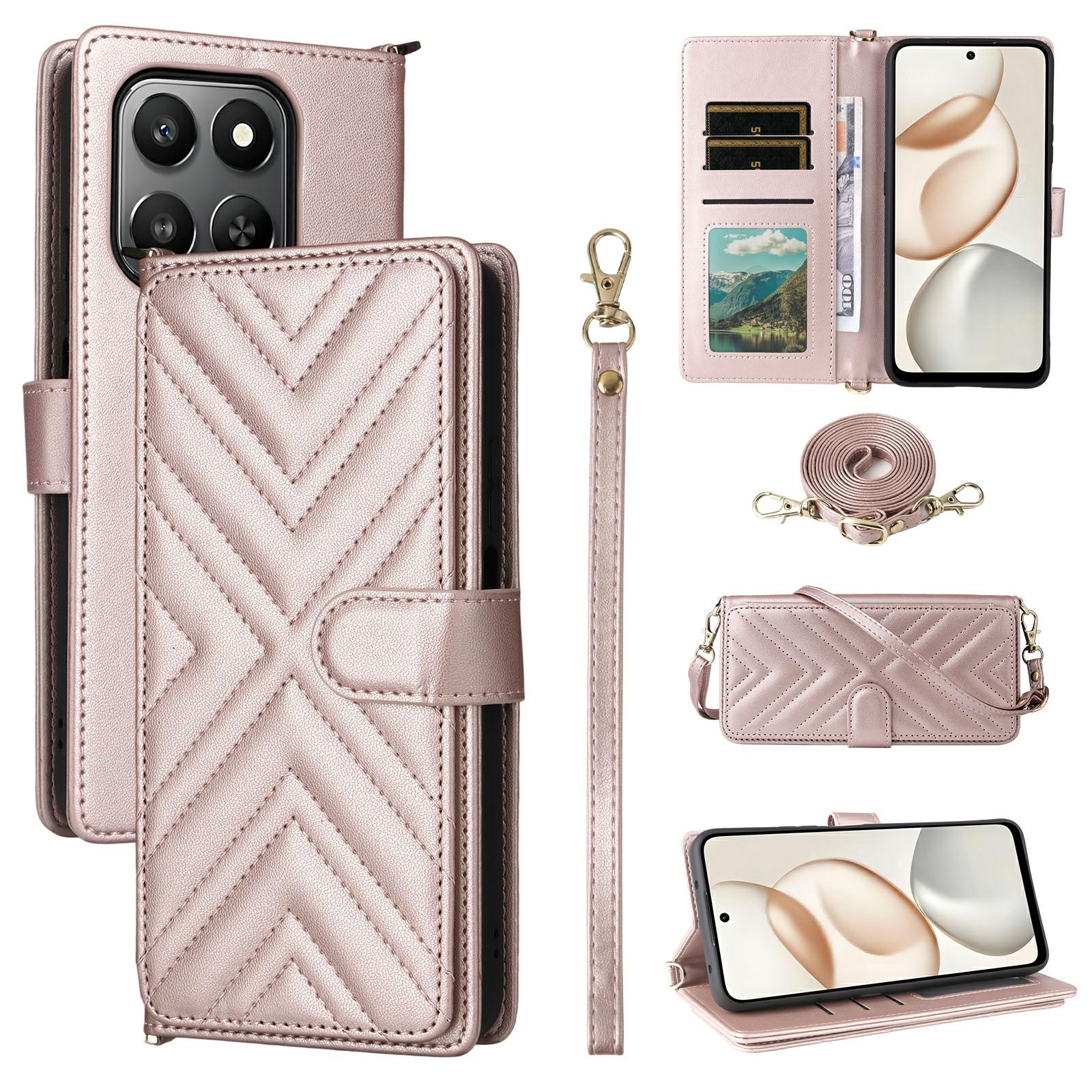

For Honor 400 Smart Case with Shoulder/Wrist Strap Leather Phone Cover Stand Wallet Pink