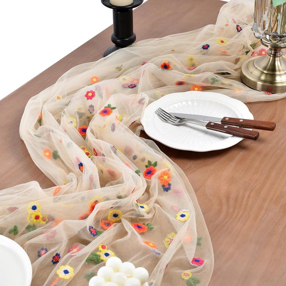 Champagne Embroidery Daisy Spring Summer Table Runner Florals Seasonal Easter Tulle Table Runner Holiday Kitchen Dining Table