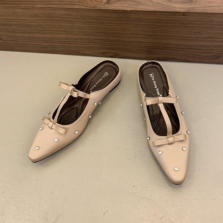 Soft Leather Version~ Baotou Half Slippers Sweet Sandals French Evening Wind Rhinestone Pointed Bow Empty Muller Shoes