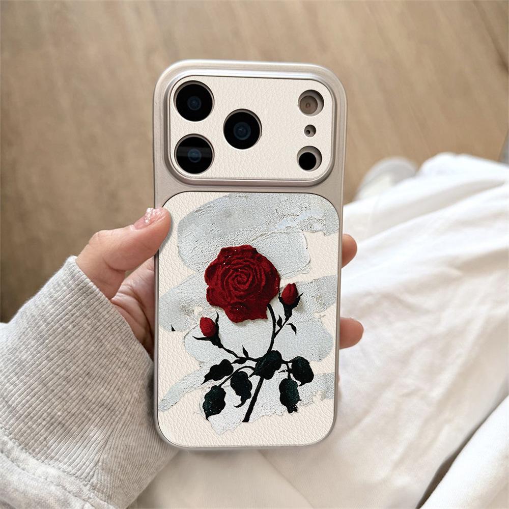 Art Rose is suitable for Apple 17 mobile phone case iPhone15promax all-inclusive 16Pro leather pattern anti-drop and simple.