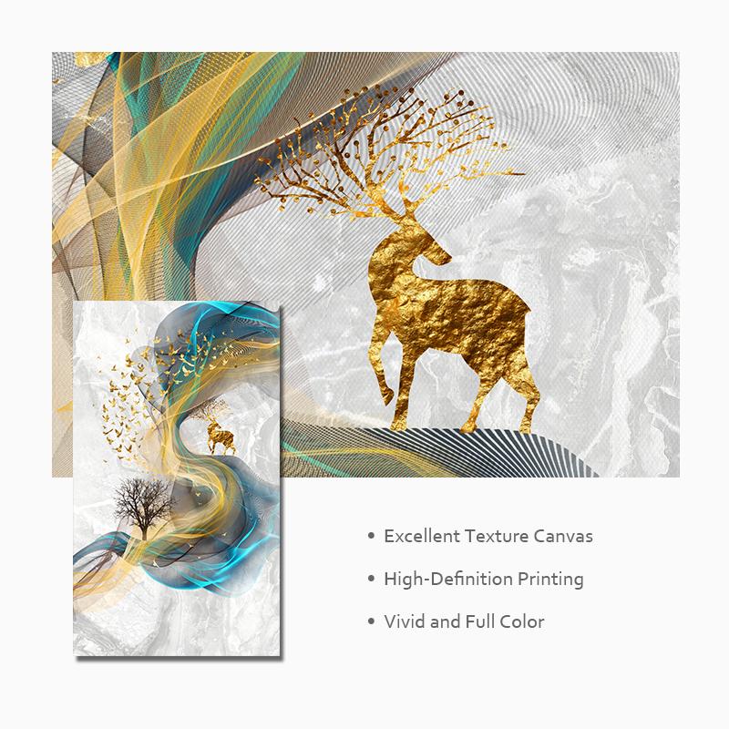 Nordic Geometric Wall Art Canvas Painting Abstract Golden Deer Birds Posters and Prints Wall Pictures for Living Room Home Decor