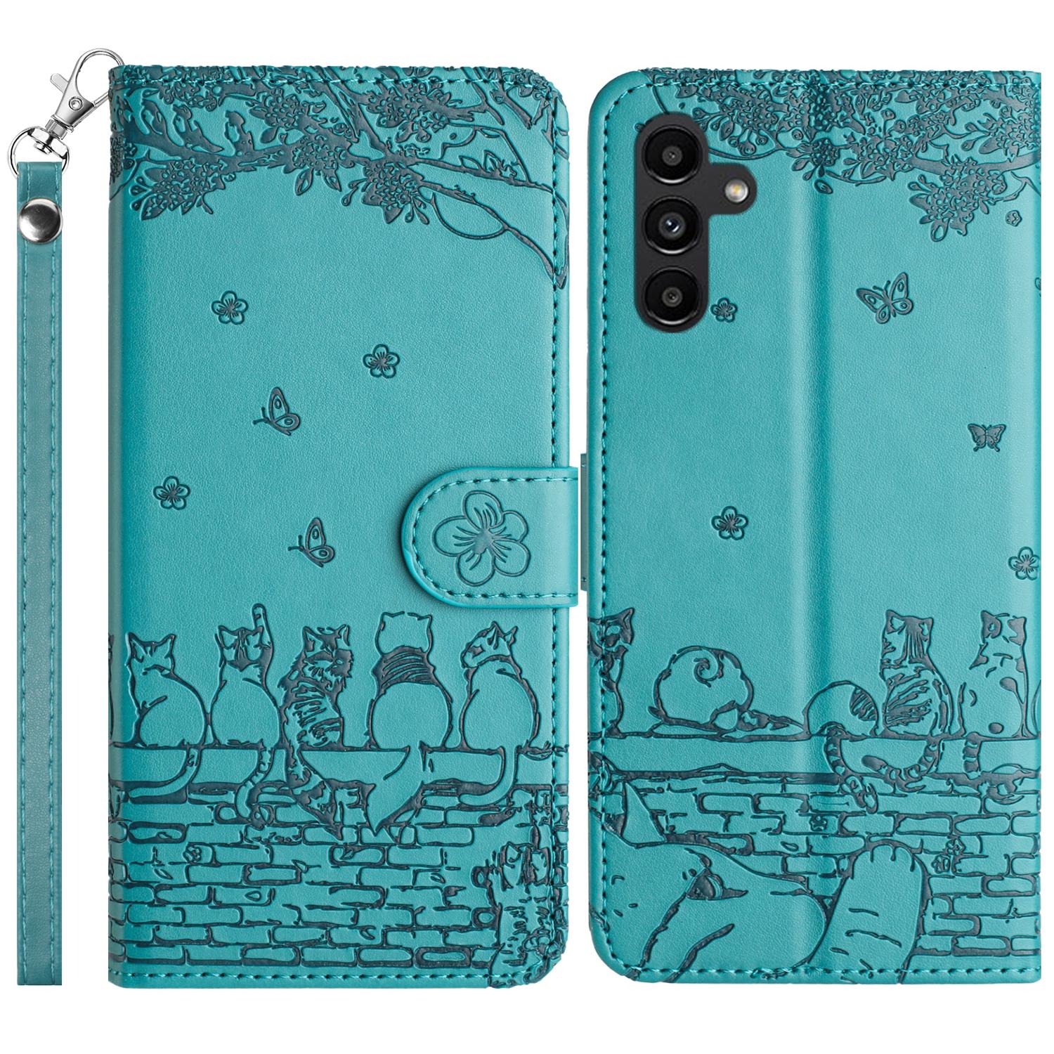 

For Samsung Galaxy S23 FE Case with Wrist Strap Leather Phone Cover Wall Cats Pattern Blue