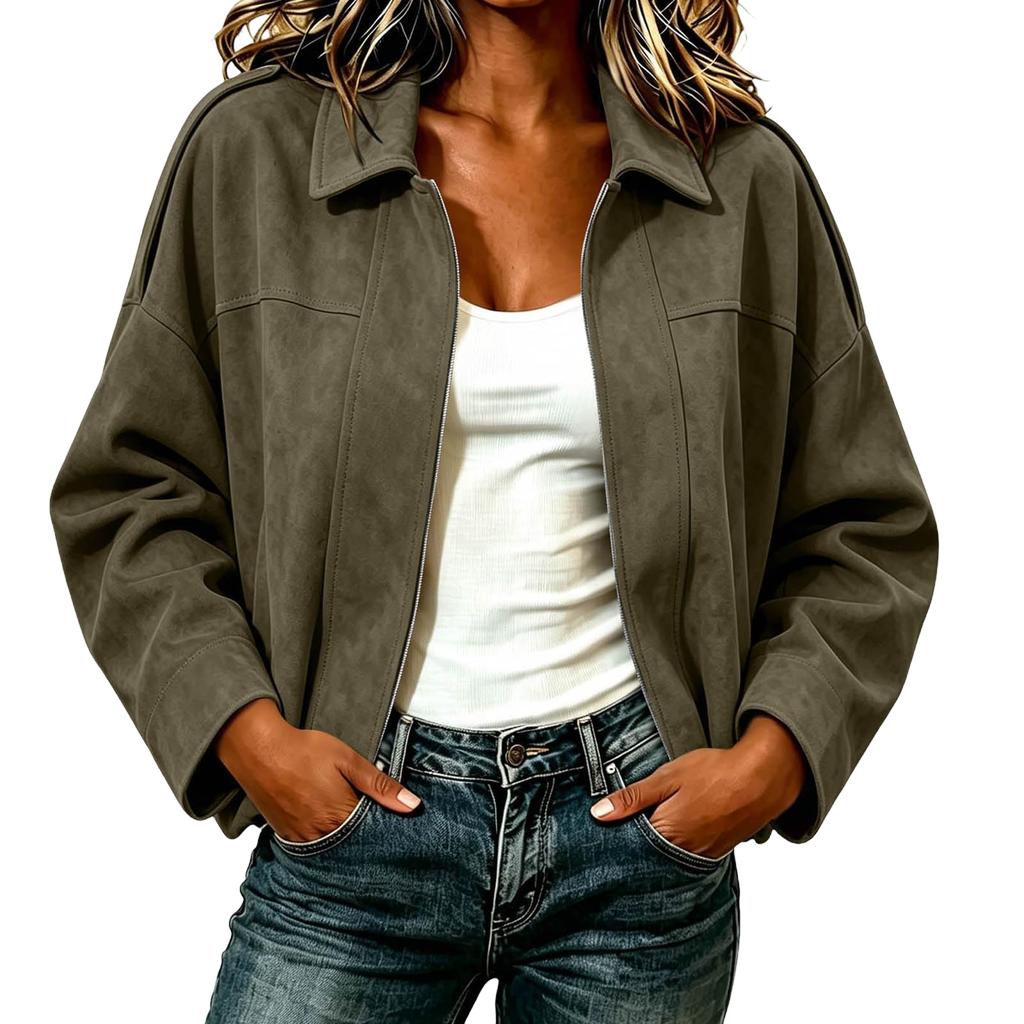 Women's Jacket with Notched Collar Zip Button Closure for Spring and Fall