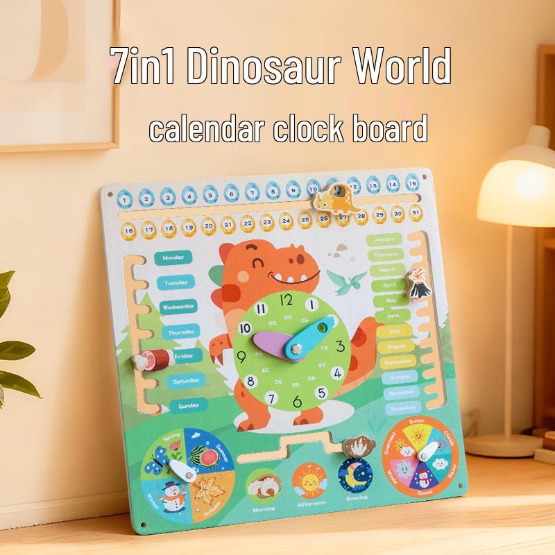 Dinosaur Theme Wooden Cognitive Calendar Clock for Early Education