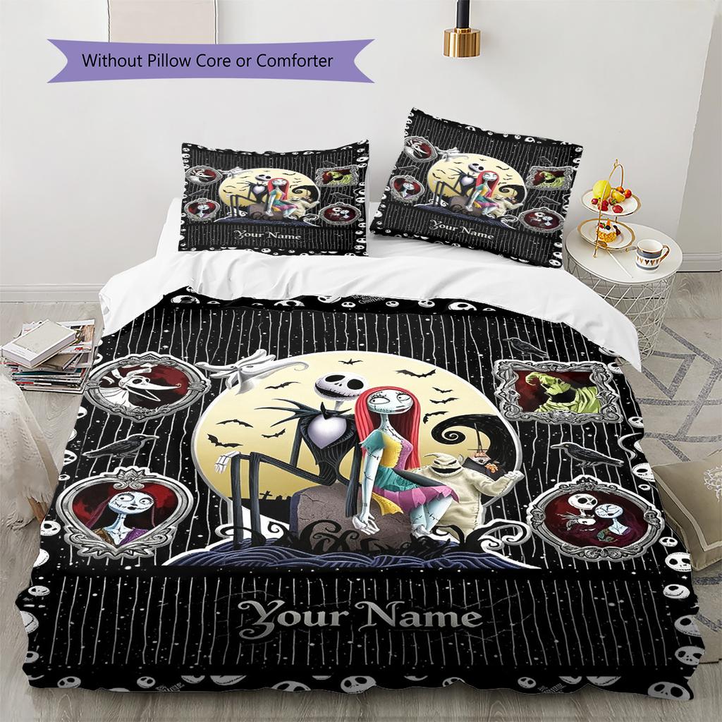 Name Individuelles Jack & Sally Muster Bettwäscheset Bettbezug Kissenbezug Heimdeko Geschenk (1 Bettbezug + 2 Kissenbezüge, ohne Füllung)