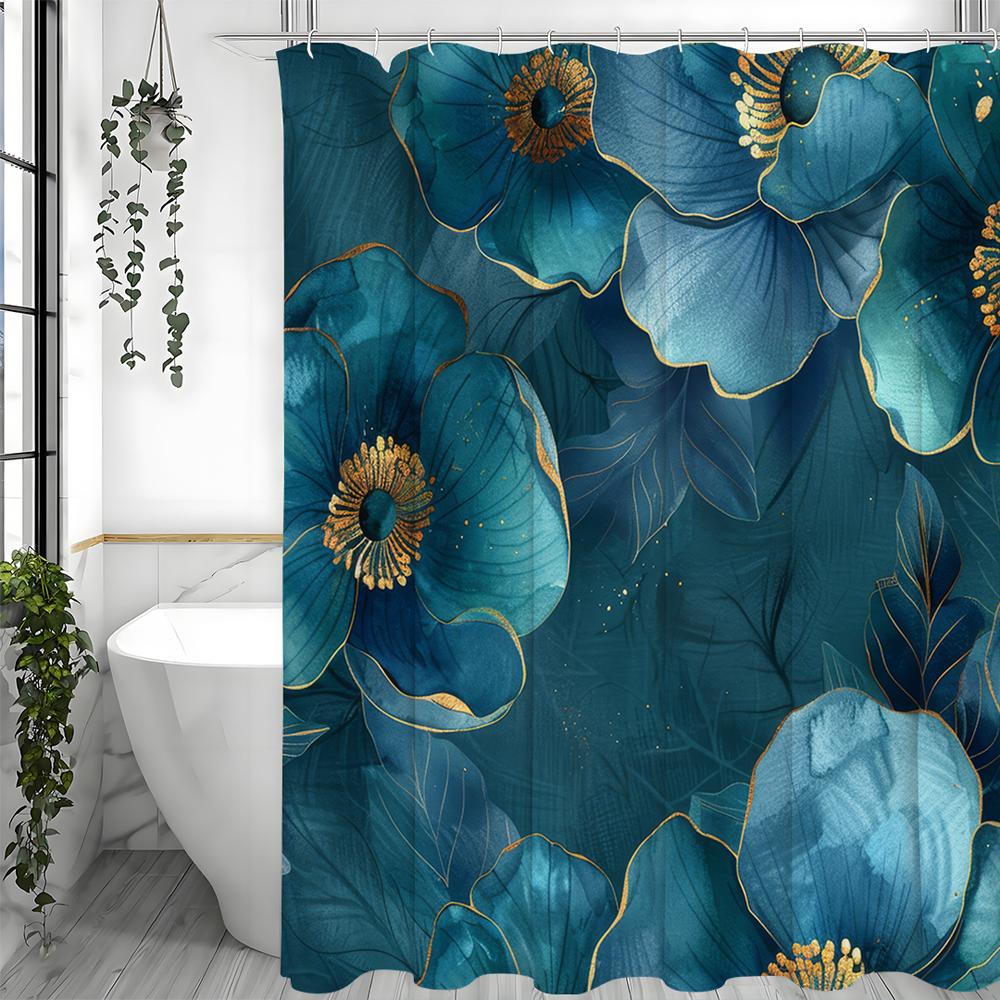 Blue Floral Plant Shower Curtain, Bathroom Decorative Shower Curtain, Waterproof Shower Curtain with Hooks