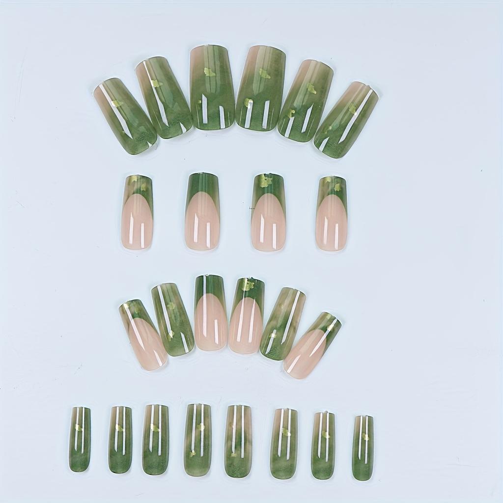 24pcs Emerald Green Medium Coffin Shaped Fake Nails - Golden Glitter Decoration Nails for Mother Women Gift Detachable Fake Nails