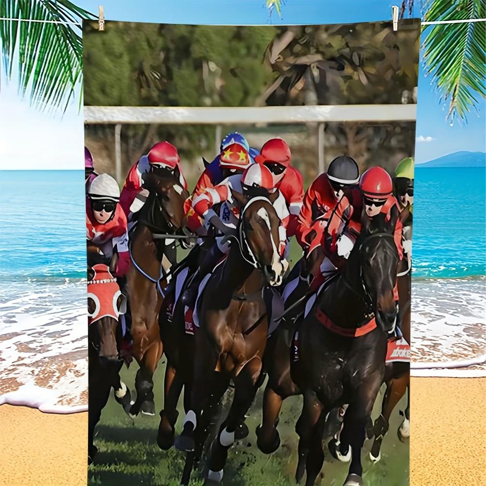 1pc Beach Towel, Horses and Jockeys in a Thrilling Race, Perfect for Beach, Surfing, Swimming, Camping, Machine Washable, Ideal