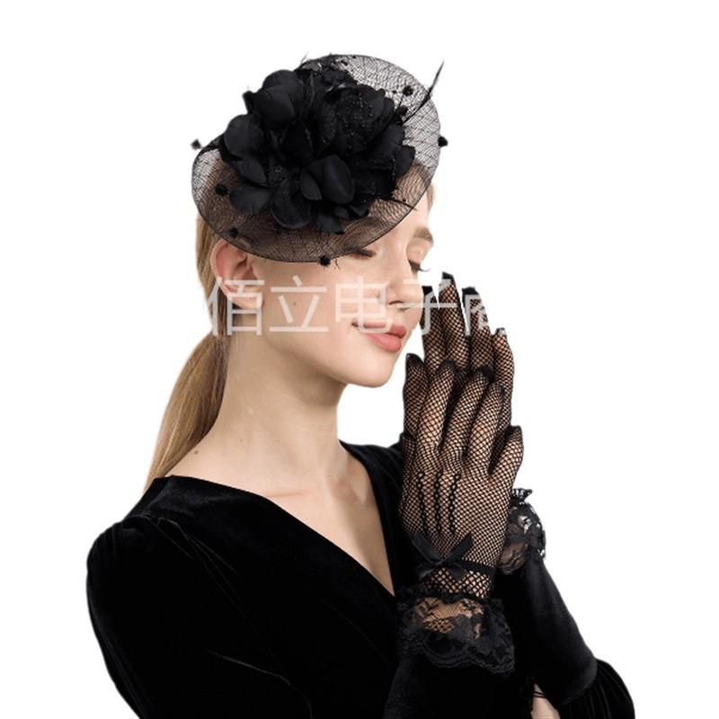Head flower gloves set bridal retro mesh head flower feather lace hair accessories top hat temperament optimization headgear