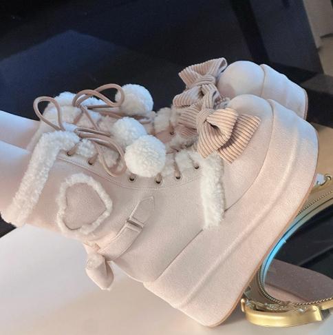 Sweet Winter Girls Lolita Mid-Calf Snow Boots,Cute Female Students Plush Warm Bowknots Lace Up Wedge Heel Heightening Shoes