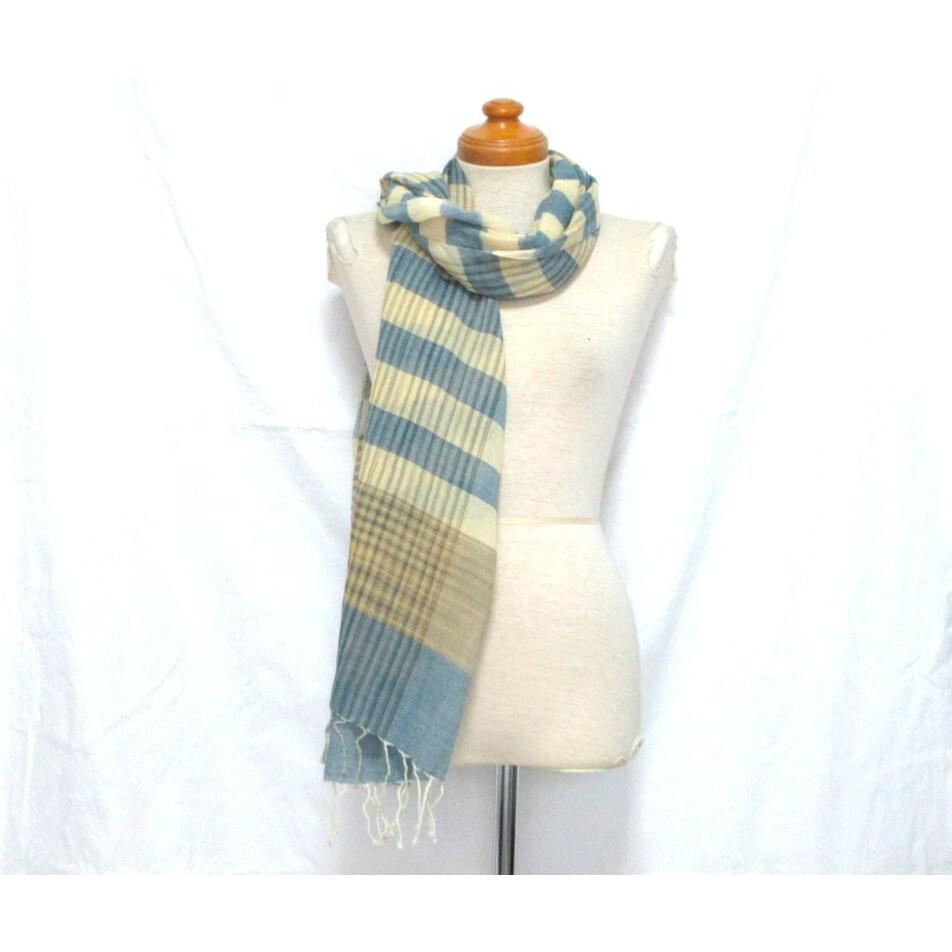 Used Shipping Included People Tree Blue Beige Organic Cotton Large Stole (Cotton Wrap Shawl Unisex)