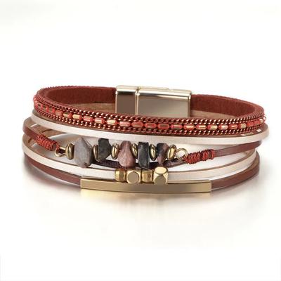 Bohemian Geometric Turquoise Beaded Multi Layer Wrap Bracelet Adjustable Magnetic Clasp Leather Strand Jewelry for Women