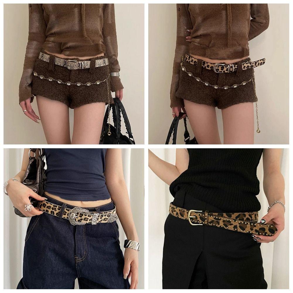 Punk Style Leopard Print Belt Designer Women's Waist Belt Daily Rivet Waist Belt  Streetwear