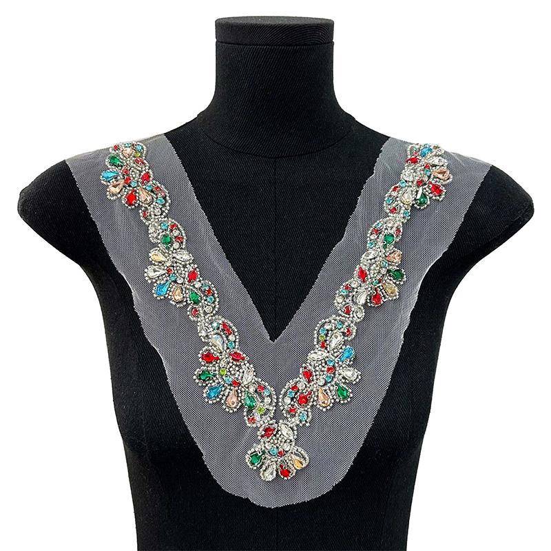 Heavy Industry Bead Rhinestone V-neck Decorative Applique  Lace Mesh Bow Patches Clothing Dress DIY Sewing Accessories