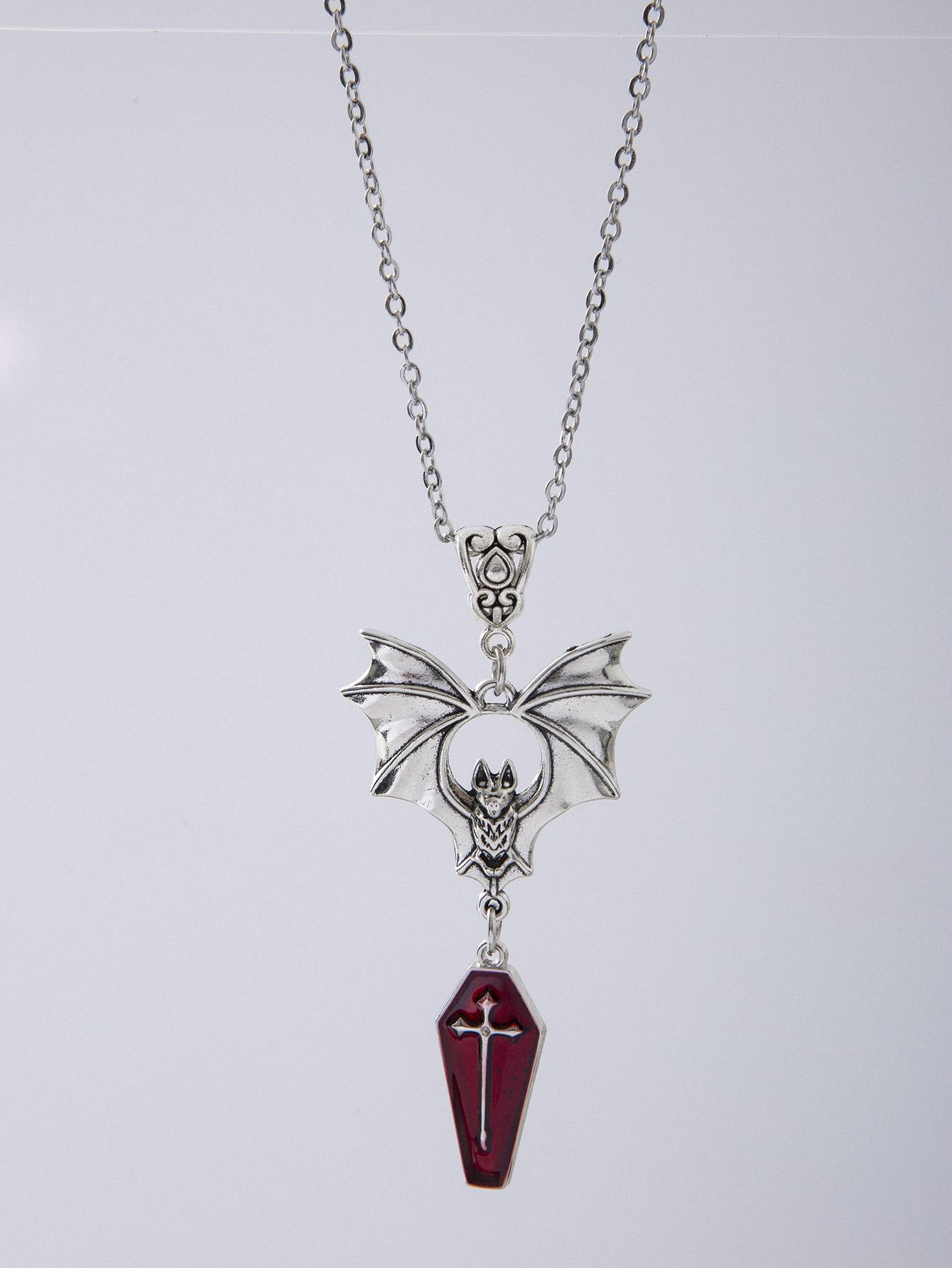 

Exaggerated Gothic Sliver Color Vampire Bat Cross Red Coffin Pendant Necklace for Women Halloween Party Retro Punk Jewelry Gift червоний