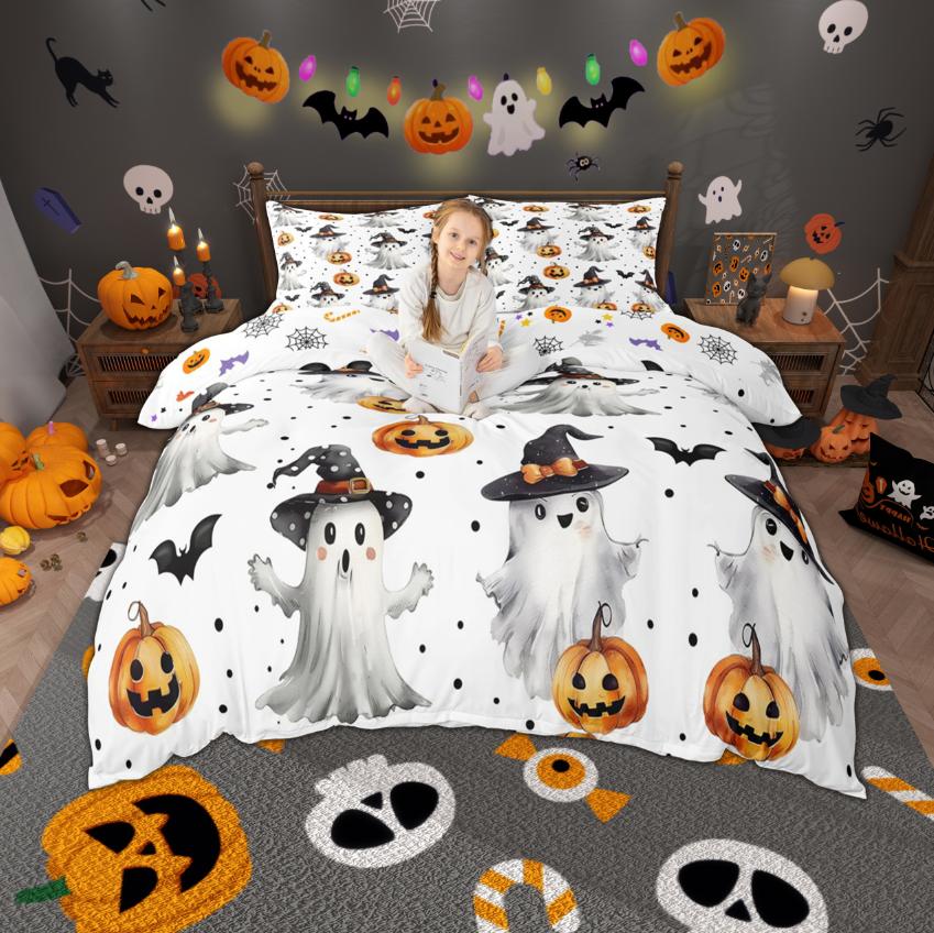 Homewish Cartoon Spooky Animal Duvet Cover Set Happy Halloween Theme Bedding Set Pumpkin Bat Ghost Quilt Cover Set Room Decor