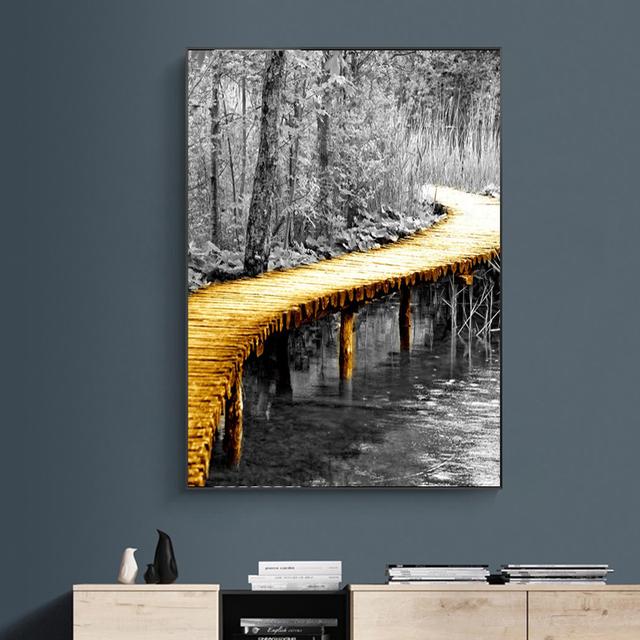 Golden Retro Natural Scenery Canvas Poster Nordic Boat Tree Lake Wall Art Modern Home Decoration Picture for Interior Paintings