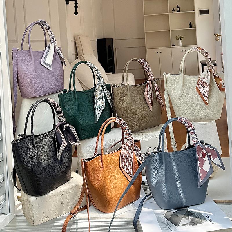 2025 New High-End Bucket Bag, Genuine Leather, Large Capacity, Women's Bag, Top Layer Cowhide, Commuting Basket Bag