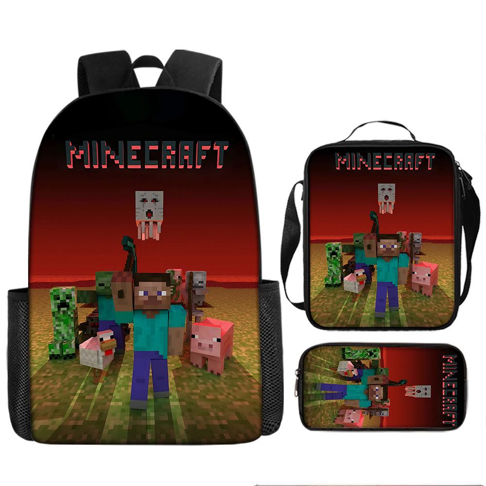 Minecraft Cartoon Print Backpack Set 3-Piece Student School Bag Water-Resistant Large Capacity Unisex
